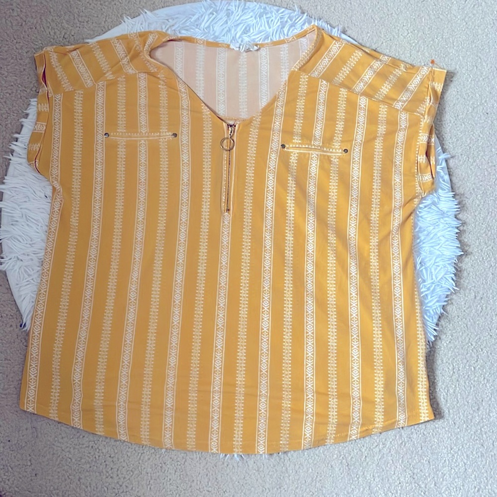 Flower & Feather Aztec Pattern Golden Yellow and White Zip Up Blouse